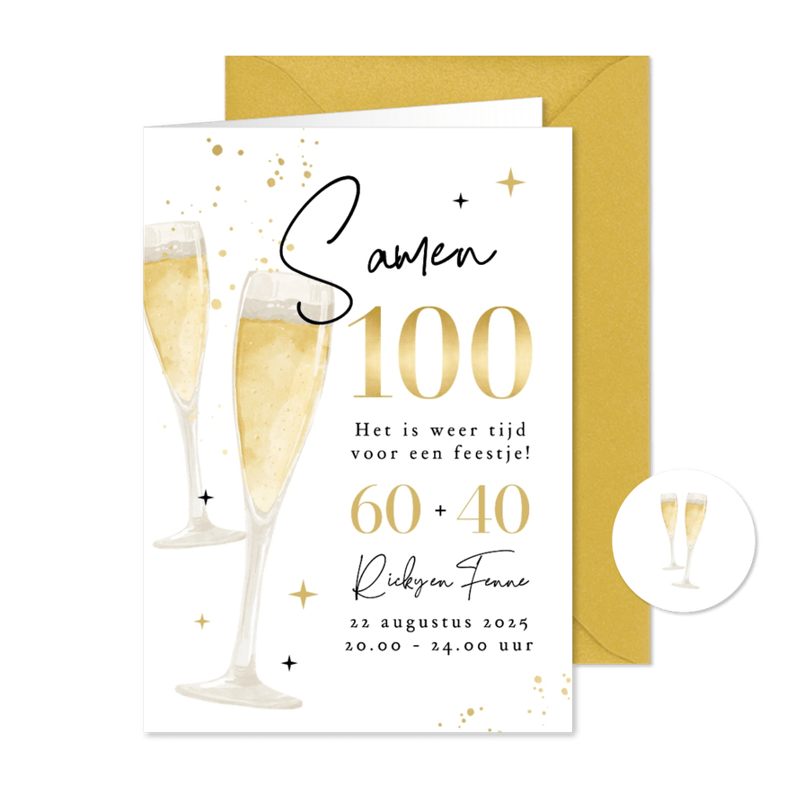 Uitnodiging samen 100 feestje champagne goud bubbels - Kaartimpressie