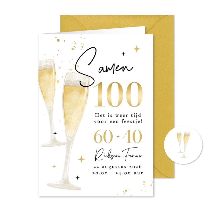 Uitnodiging samen 100 feestje champagne goud bubbels - Kaartimpressie
