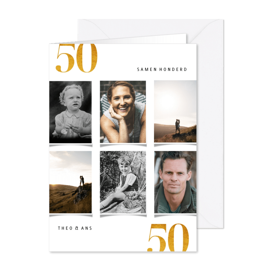 Uitnodiging samen 100 fotocollage en goudlook - Kaartimpressie