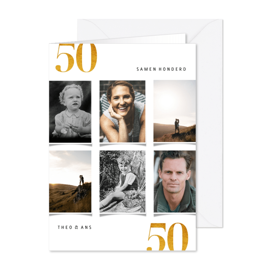 Uitnodiging samen 100 fotocollage en goudlook - Kaartimpressie