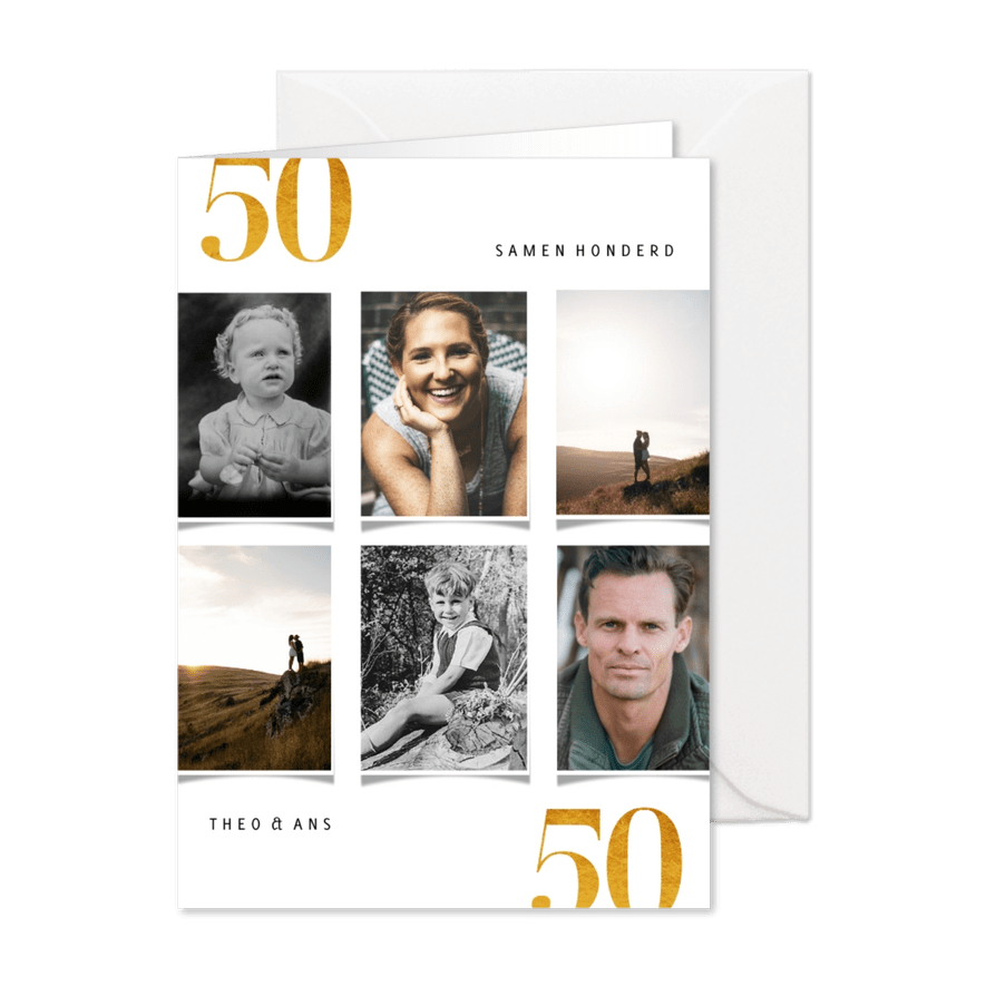 Uitnodiging samen 100 fotocollage en goudlook - Kaartimpressie