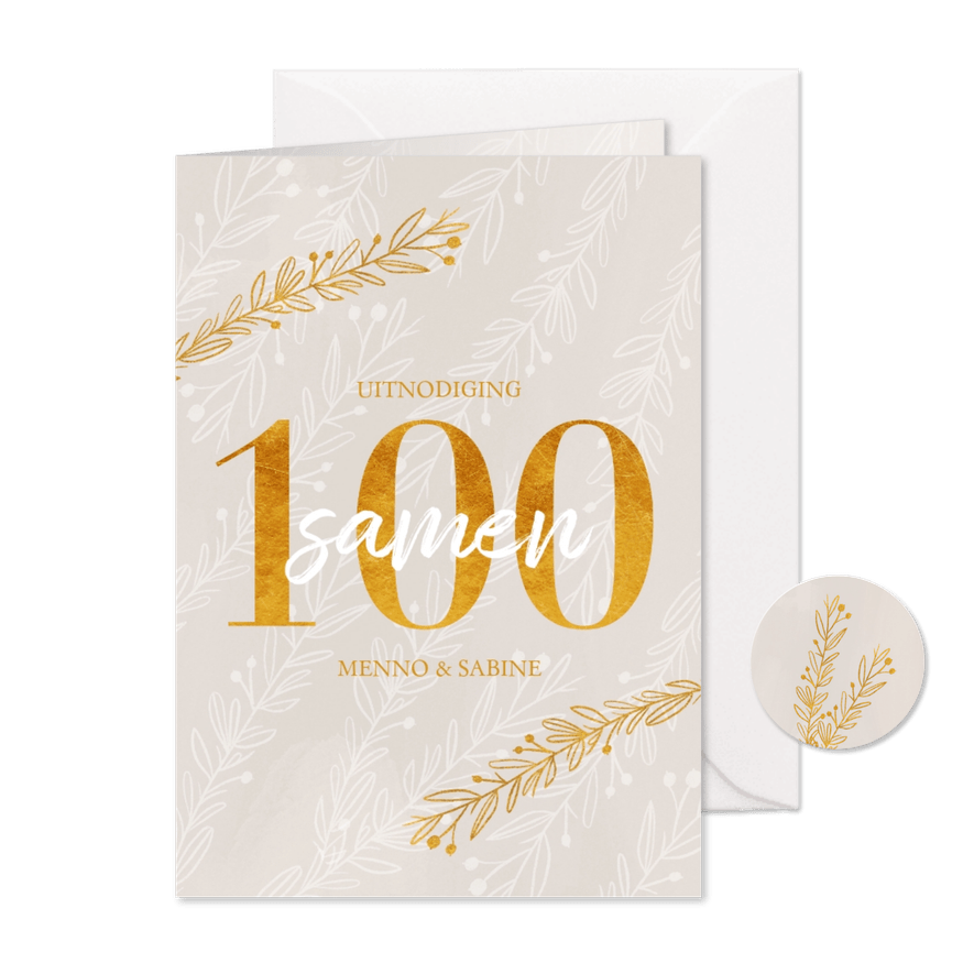 Uitnodiging samen 100 in goudlook en takjes - Kaartimpressie