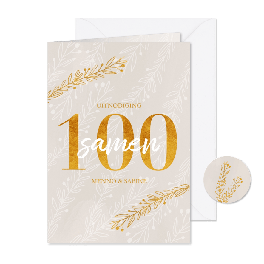 Uitnodiging samen 100 in goudlook en takjes - Kaartimpressie