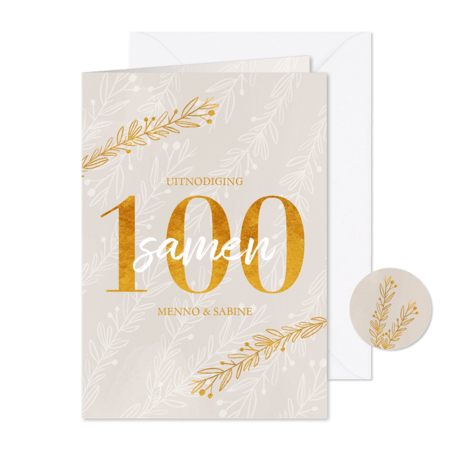 Uitnodiging samen 100 in goudlook en takjes - Kaartimpressie