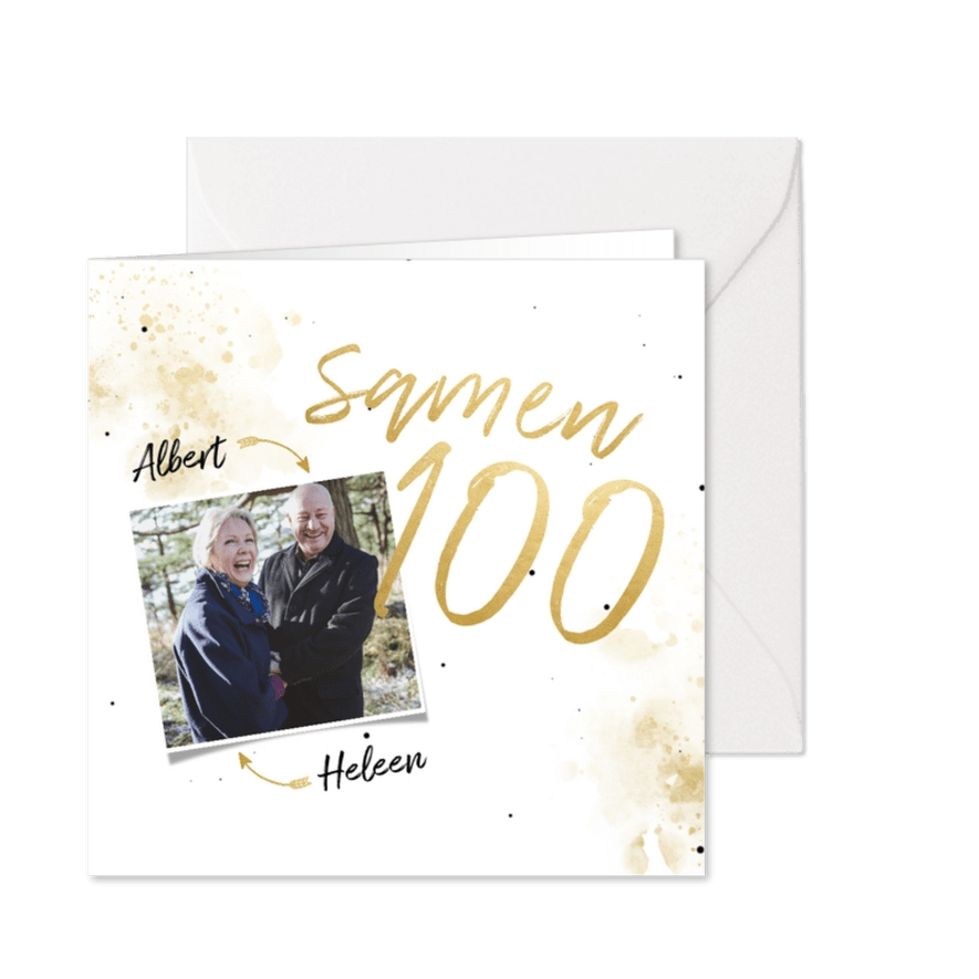 Uitnodiging 'samen 100' met spetters en foto - Kaartimpressie