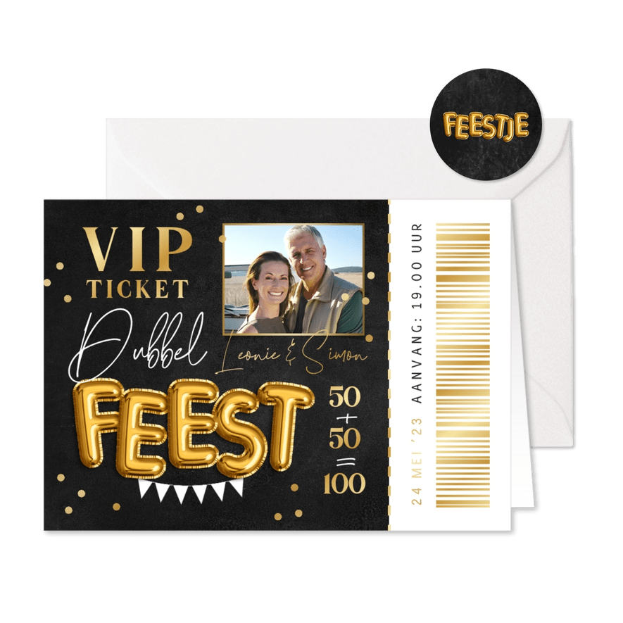 Uitnodiging samen 100 VIP ticket krijtbord goud confetti - Kaartimpressie