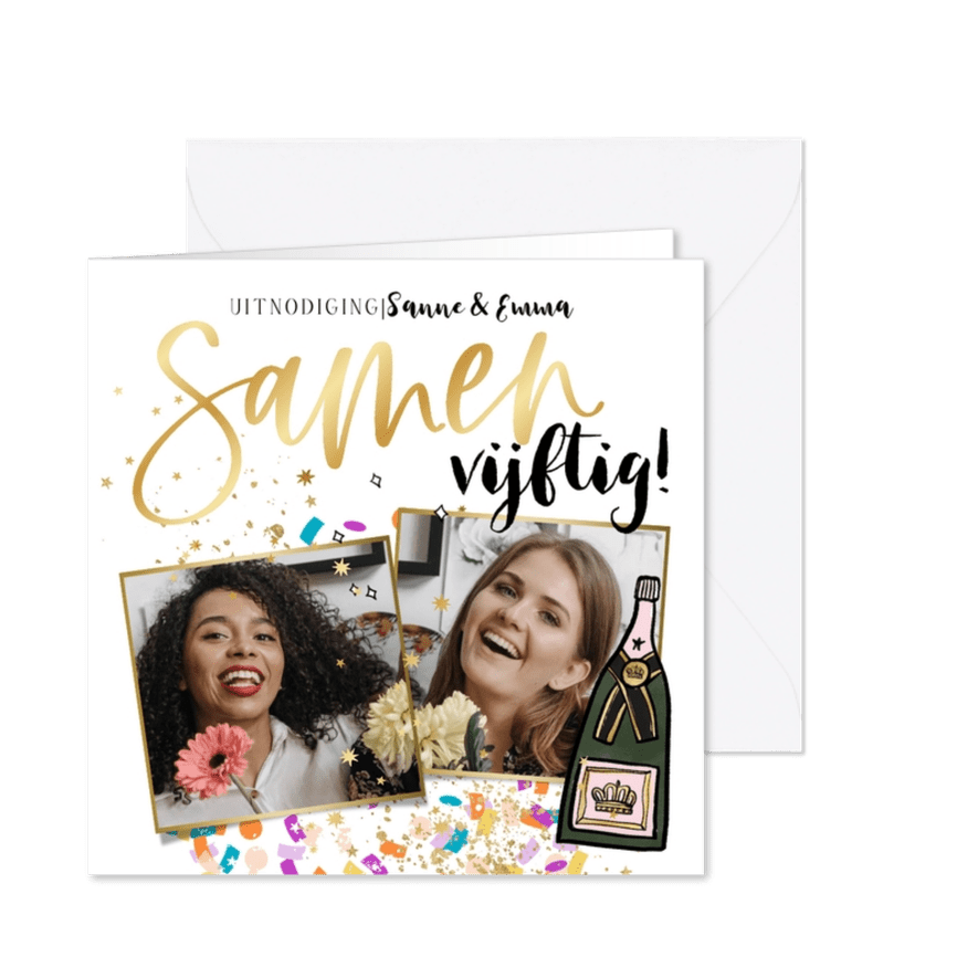 Uitnodiging samen 50 verjaardagsfeest goudlook champagnefles - Kaartimpressie