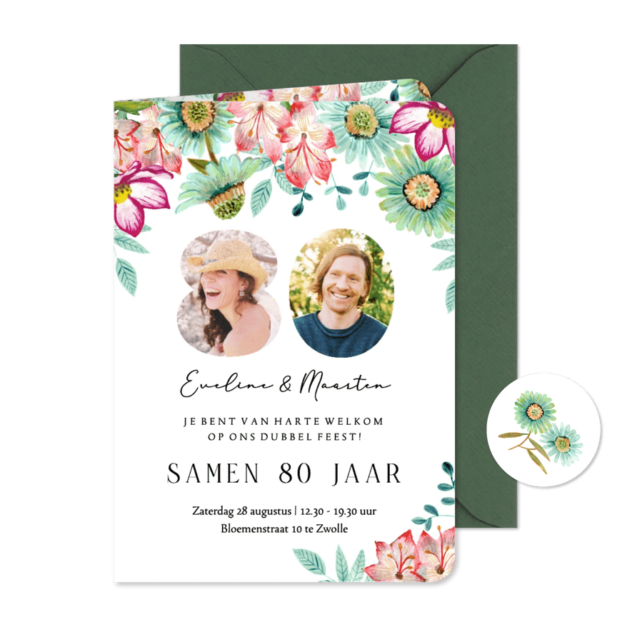 Uitnodiging samen 80 jaar met bloemen en foto’s - Kaartimpressie