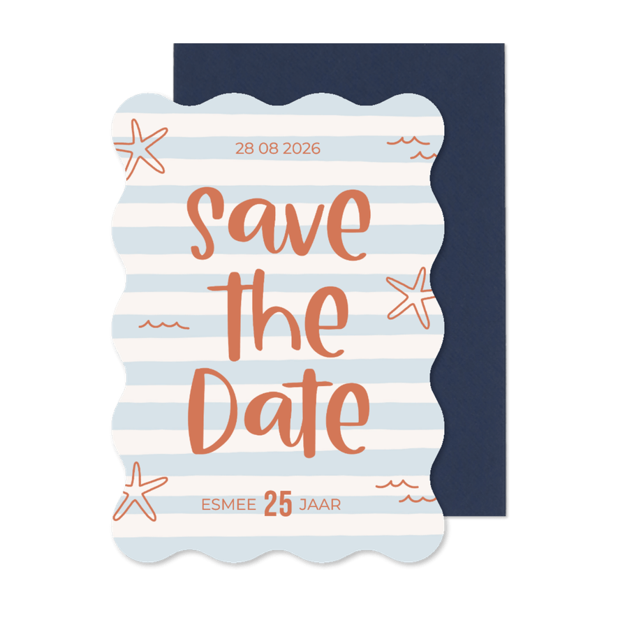 Uitnodiging save the date blauw wit gestreept golf - Kaartimpressie