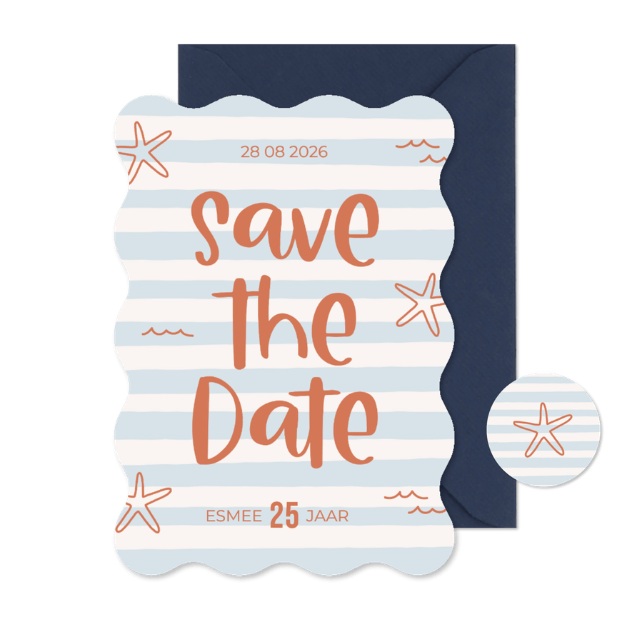 Uitnodiging save the date blauw wit gestreept golf - Kaartimpressie