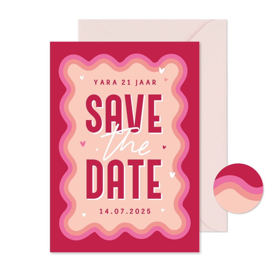 Uitnodiging save the date groovy hip verjaardag roze hartjes - Kaartimpressie