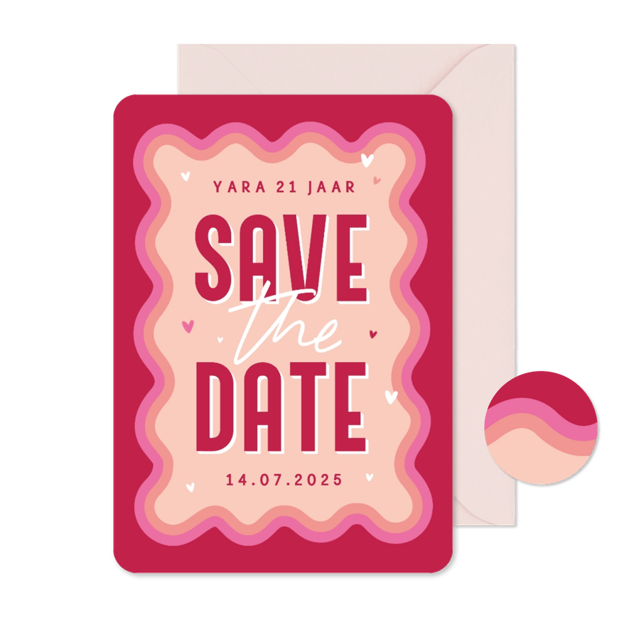 Uitnodiging save the date groovy hip verjaardag roze hartjes - Kaartimpressie