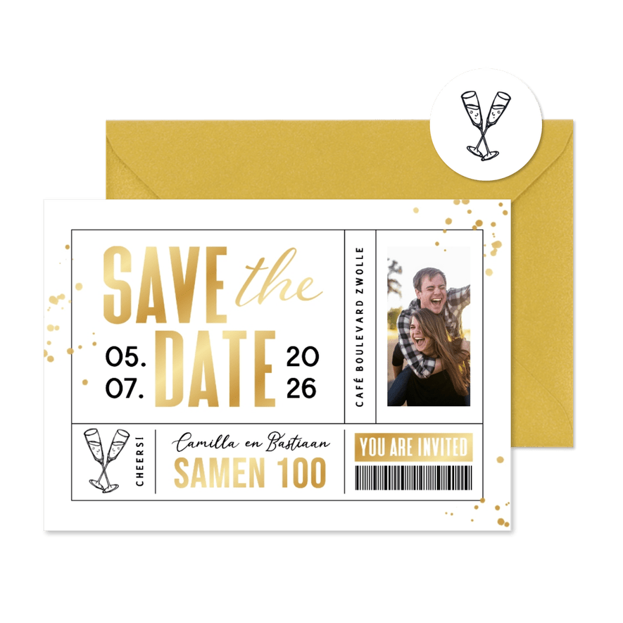 Uitnodiging save the date ticket goud samen 100 feestje  - Kaartimpressie
