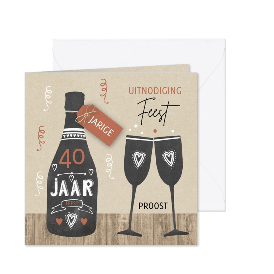 Uitnodiging schoolbordfles hout - Kaartimpressie