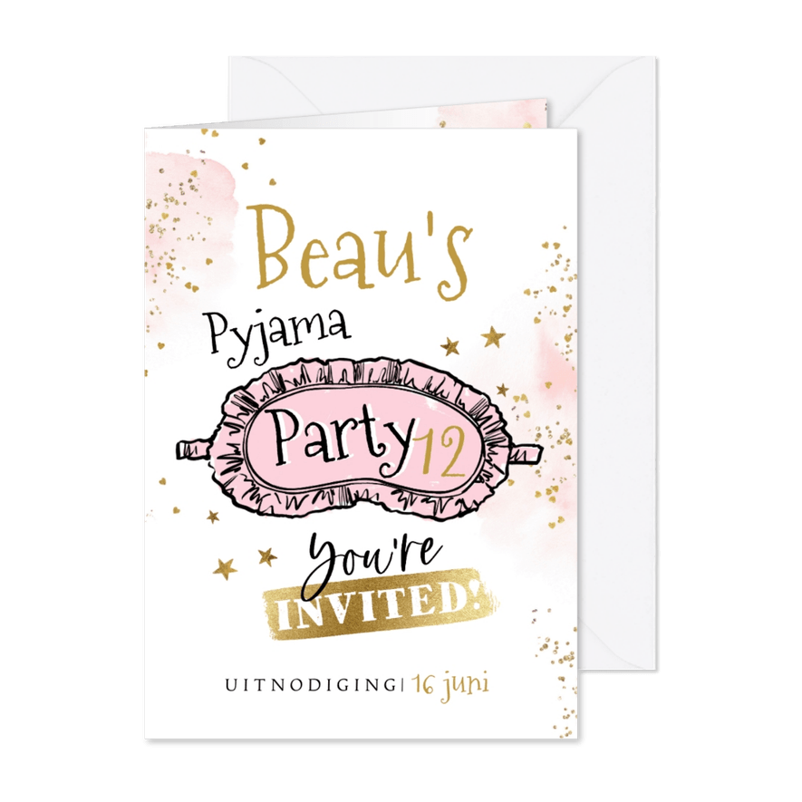 Uitnodiging slaapfeest 'Pyjama Party' slaapmasker goudlook - Kaartimpressie