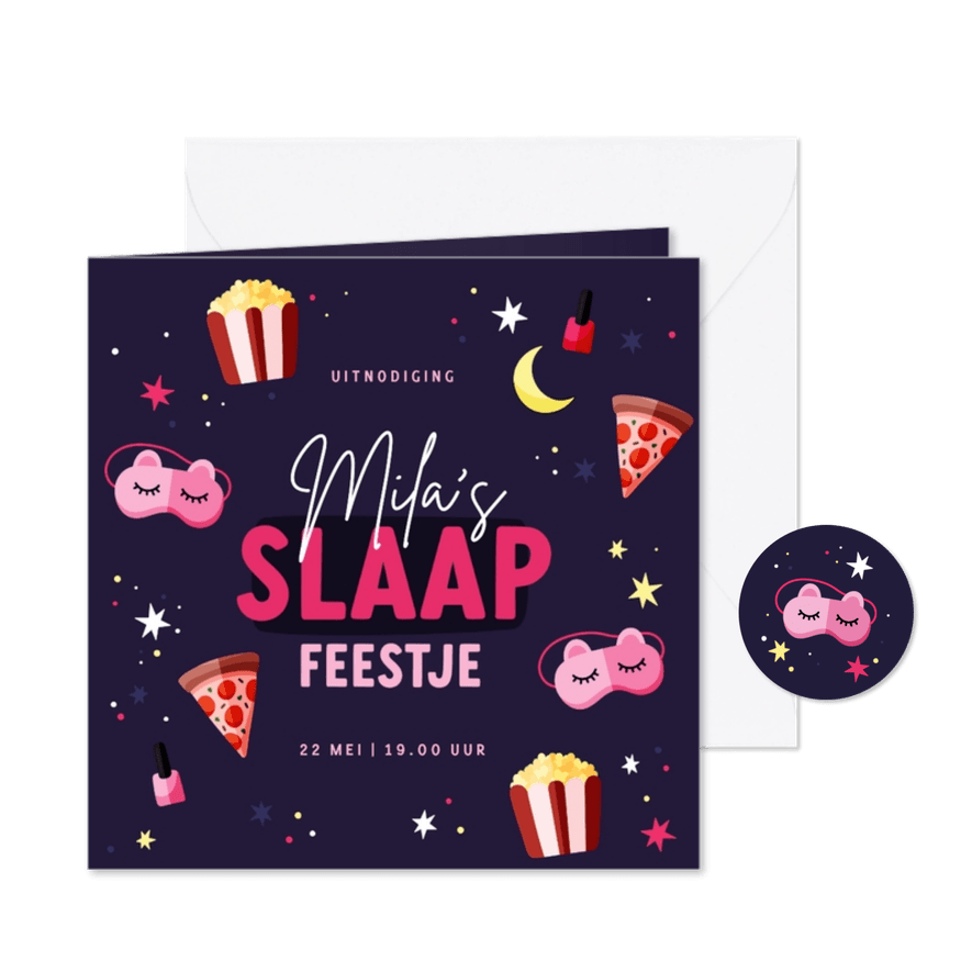 Uitnodiging slaapfeestje slaapmaskers make up en sterren - Kaartimpressie
