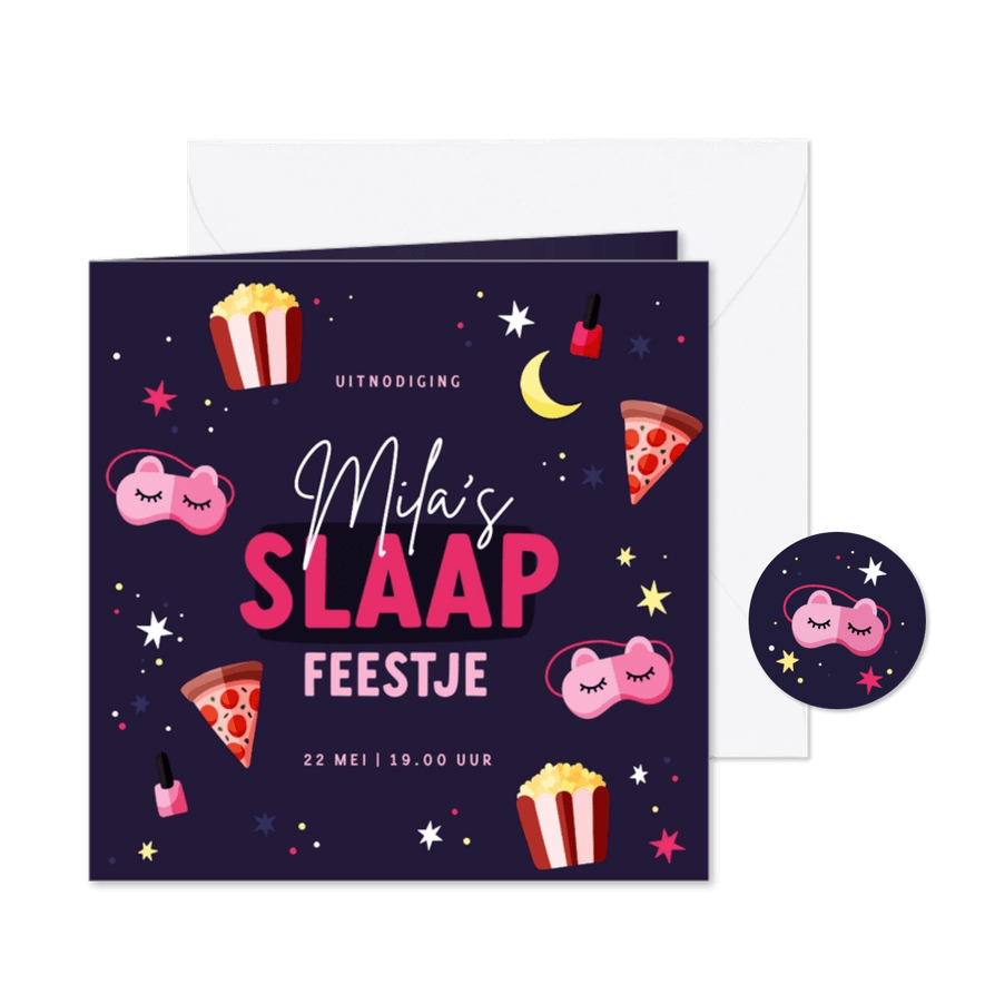 Uitnodiging slaapfeestje slaapmaskers make up en sterren - Kaartimpressie