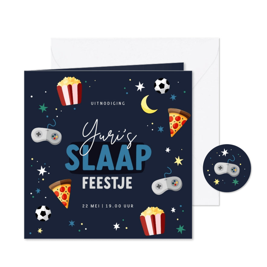 Uitnodiging slaapfeestje voetbal games en sterren - Kaartimpressie