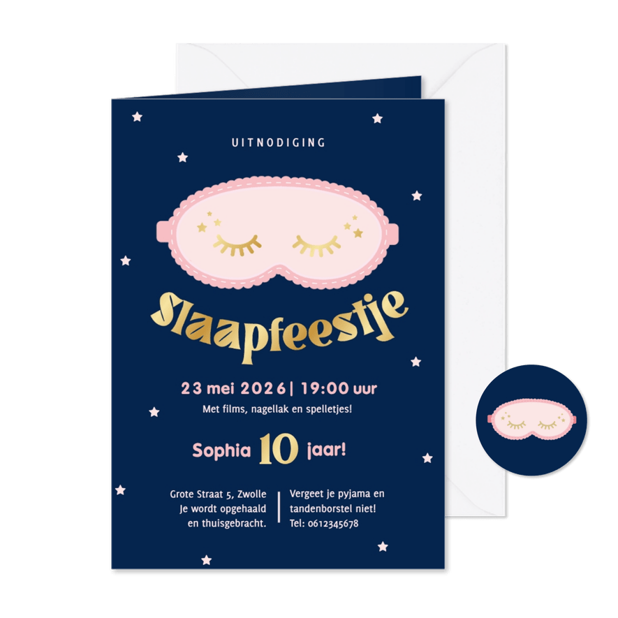 Uitnodiging slaapmasker voor een kinderfeestje donkerblauw - Kaartimpressie