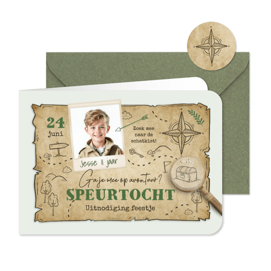 Uitnodiging speurtocht feestje schatkist zoeken landkaart - Kaartimpressie