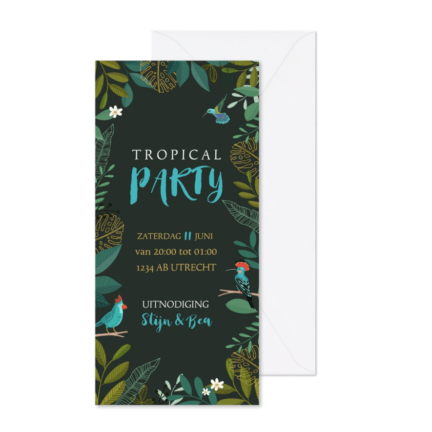 Uitnodiging staand tropical met vogels - Kaartimpressie