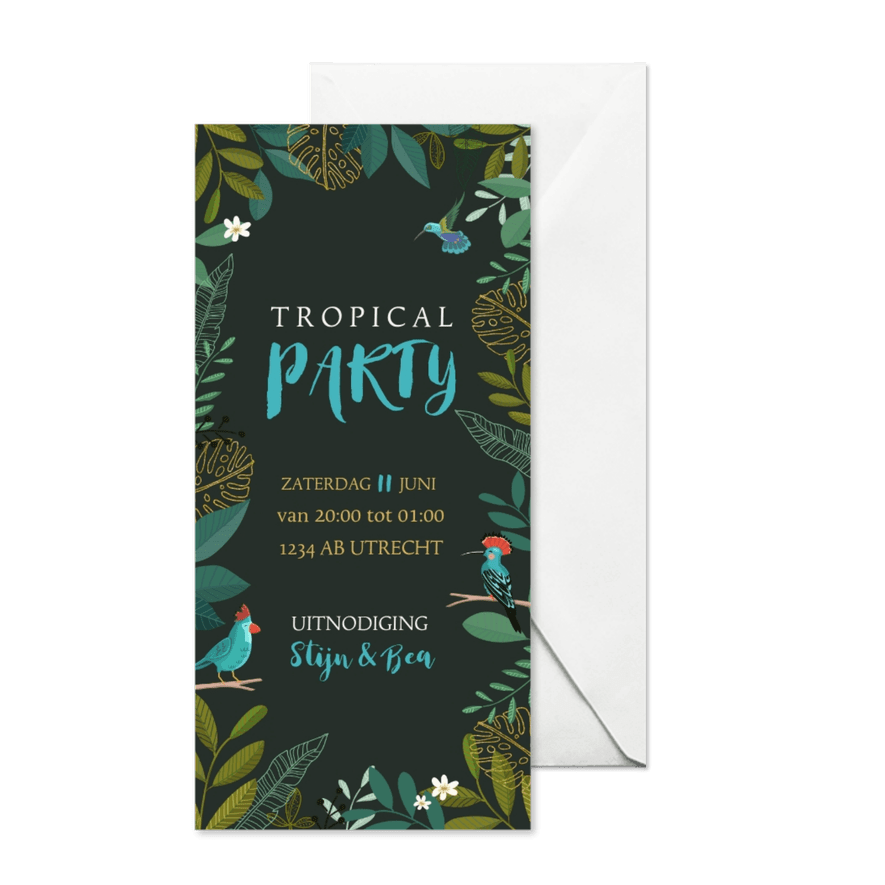 Uitnodiging staand tropical met vogels - Kaartimpressie
