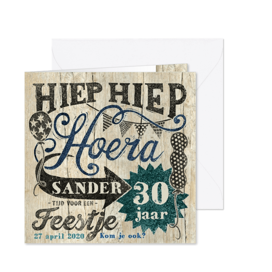 uitnodiging stempel hoera ballon blauw - Kaartimpressie