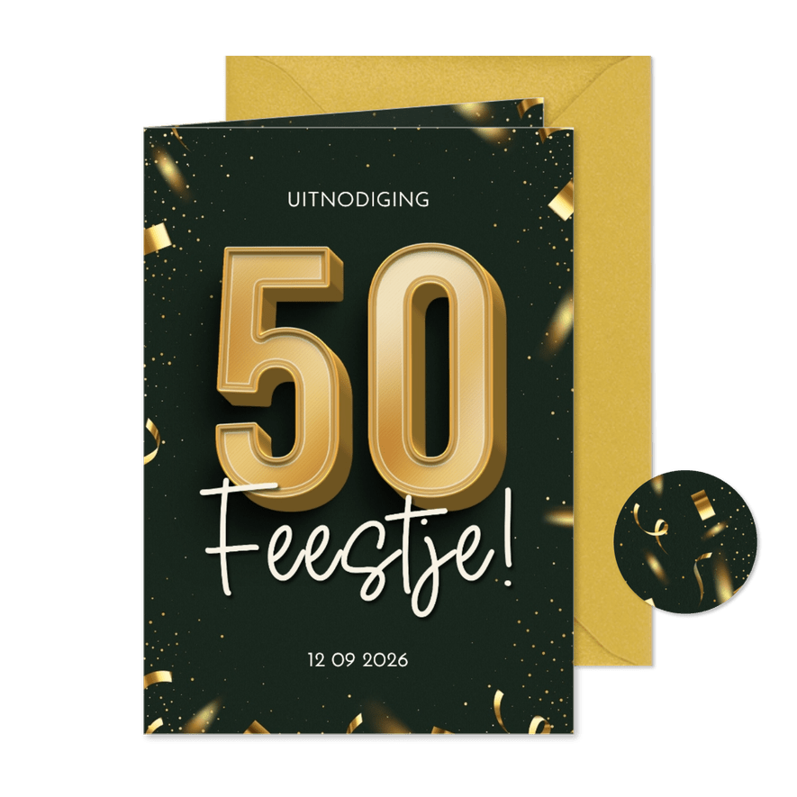 Uitnodiging stijlvol 50 goud confetti feestje groen - Kaartimpressie