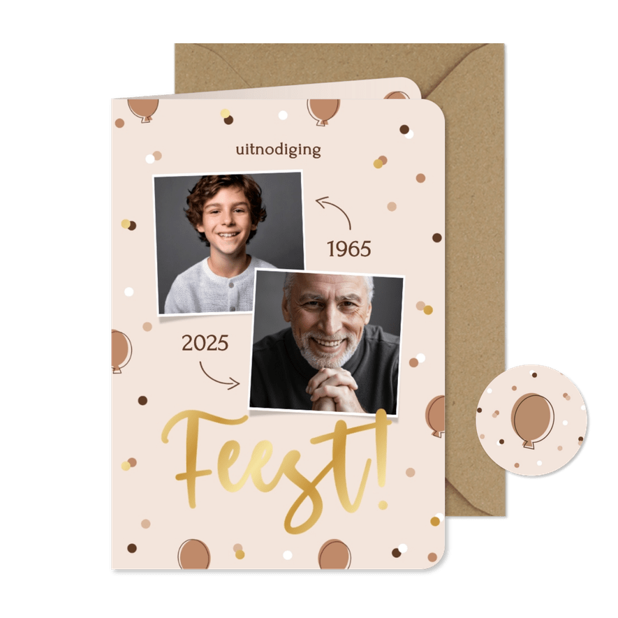 Uitnodiging stijlvol ballonnen beige confetti goud feest - Kaartimpressie