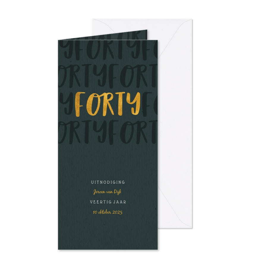 Uitnodiging stijlvol met papierlook en gouden forty - Kaartimpressie