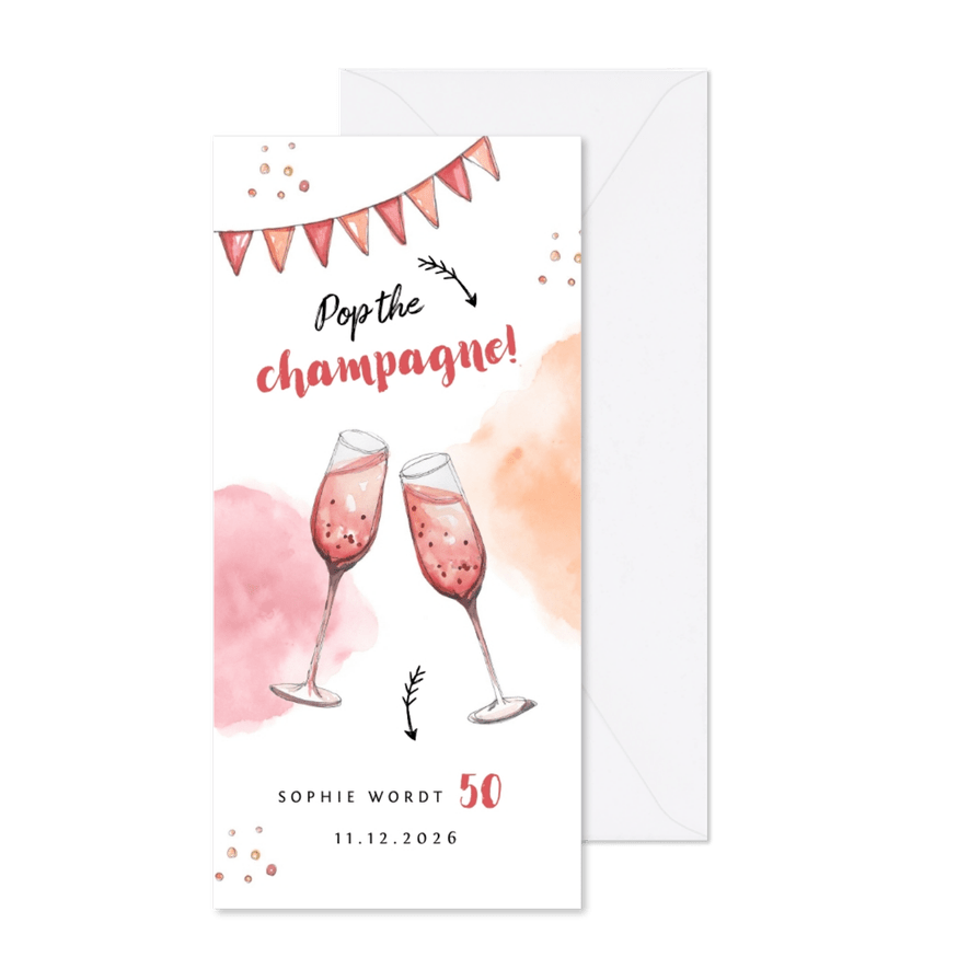 Uitnodiging stijlvol met waterverf champagne en slingers - Kaartimpressie