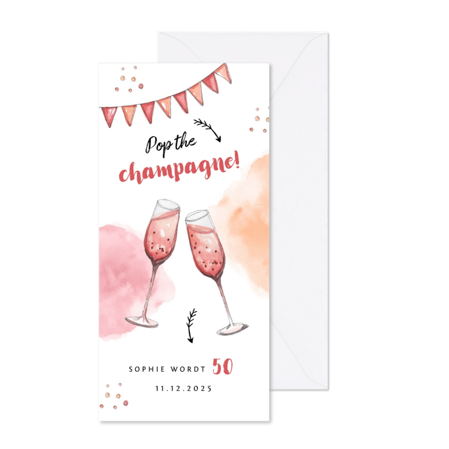 Uitnodiging stijlvol met waterverf champagne en slingers - Kaartimpressie