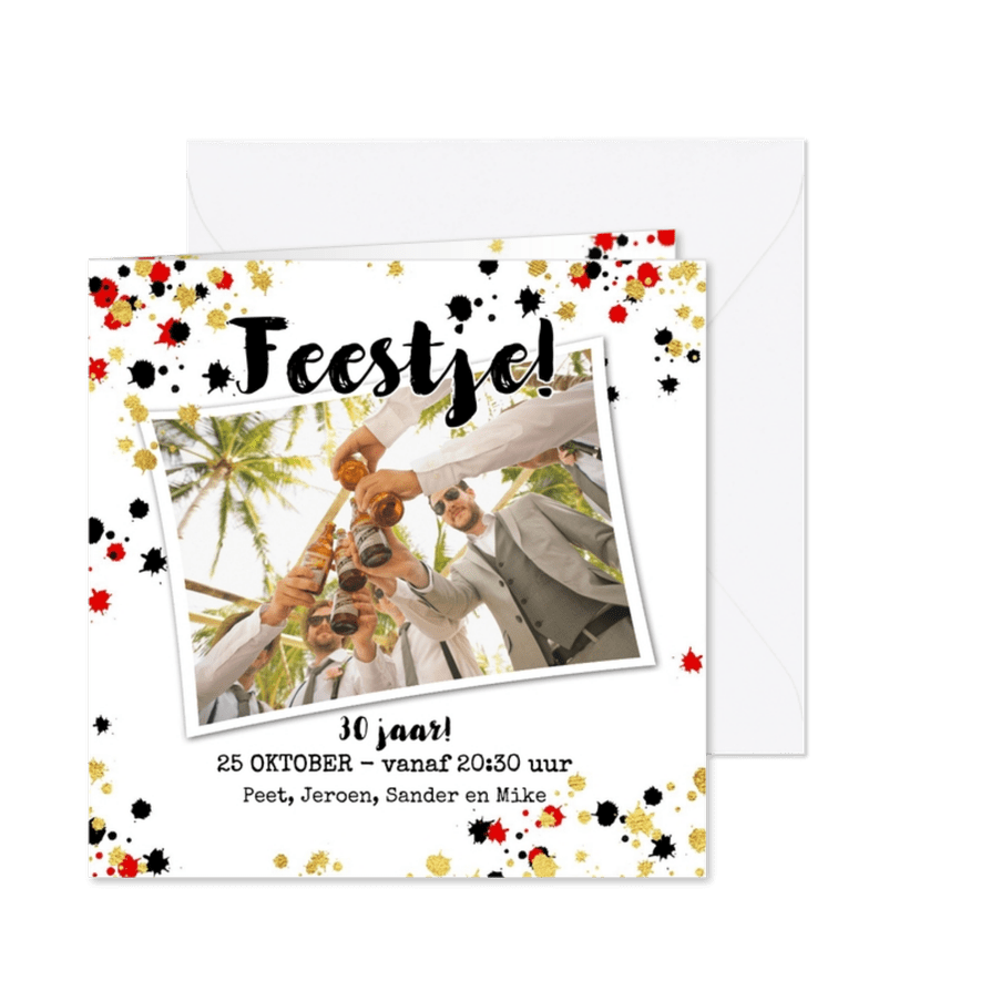 Uitnodiging stoere foto kaart met verfspatten - Kaartimpressie