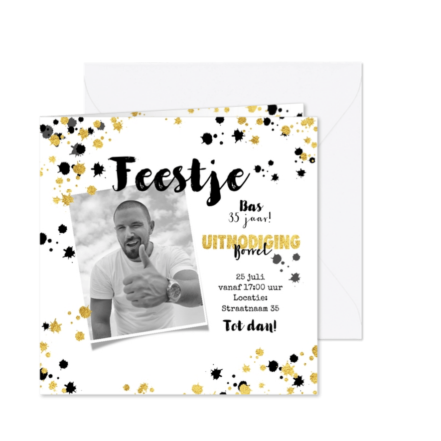Uitnodiging stoere hippe foto kaart met verfspatten - Kaartimpressie