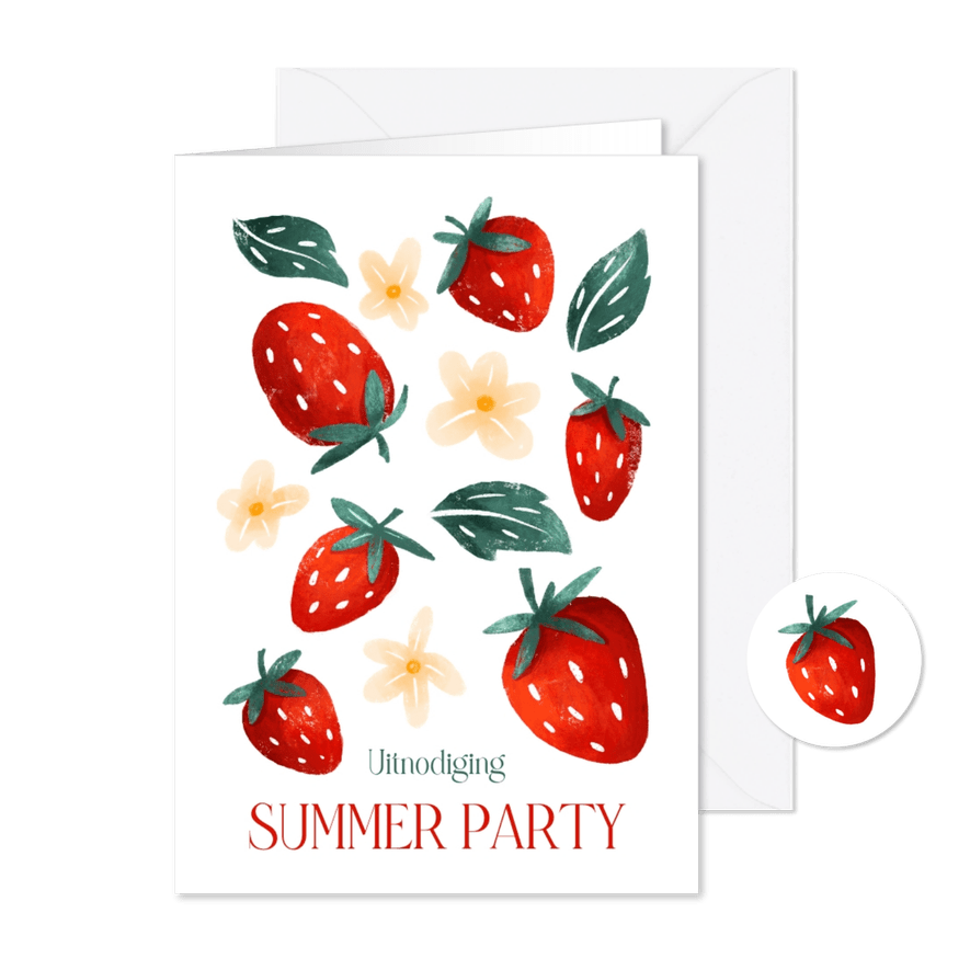 Uitnodiging summer party en tuinfeest met zomerse aardbeien - Kaartimpressie