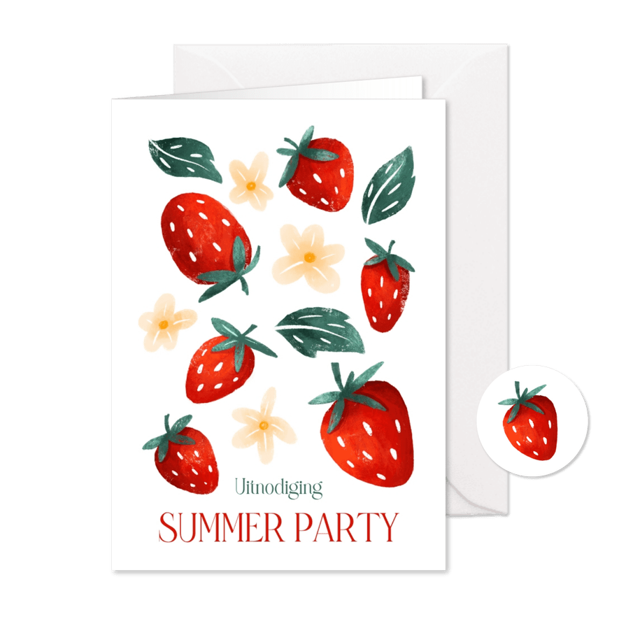 Uitnodiging summer party en tuinfeest met zomerse aardbeien - Kaartimpressie