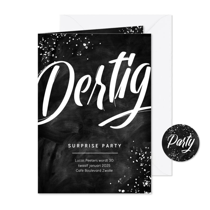 Uitnodiging surprise party feestje 30 jaar krijt man - Kaartimpressie