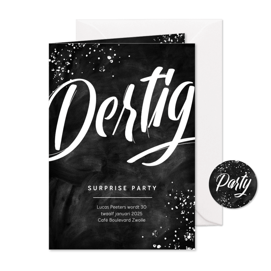 Uitnodiging surprise party feestje 30 jaar krijt man - Kaartimpressie