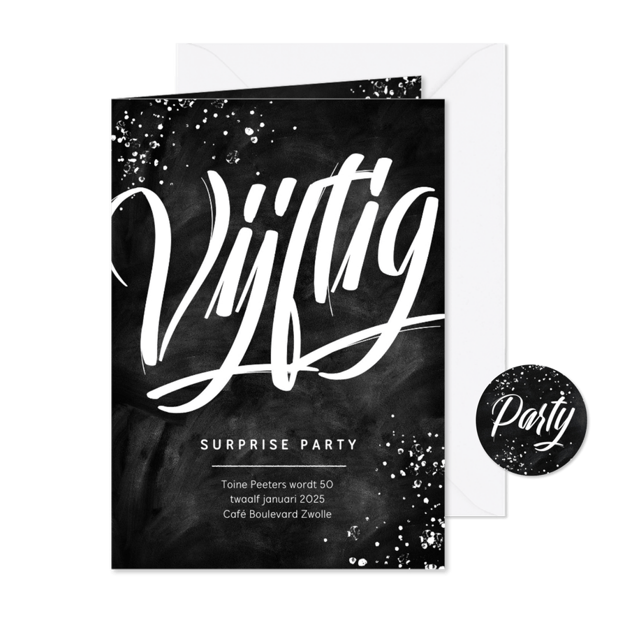 Uitnodiging surprise party feestje 50 jaar krijt man - Kaartimpressie