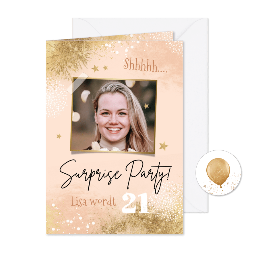 Uitnodiging surprise party verjaardag roze waterverf goud - Kaartimpressie