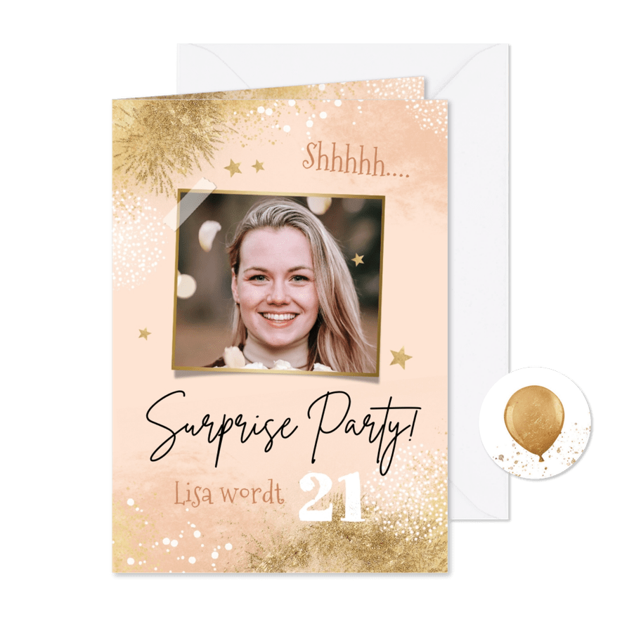 Uitnodiging surprise party verjaardag roze waterverf goud - Kaartimpressie
