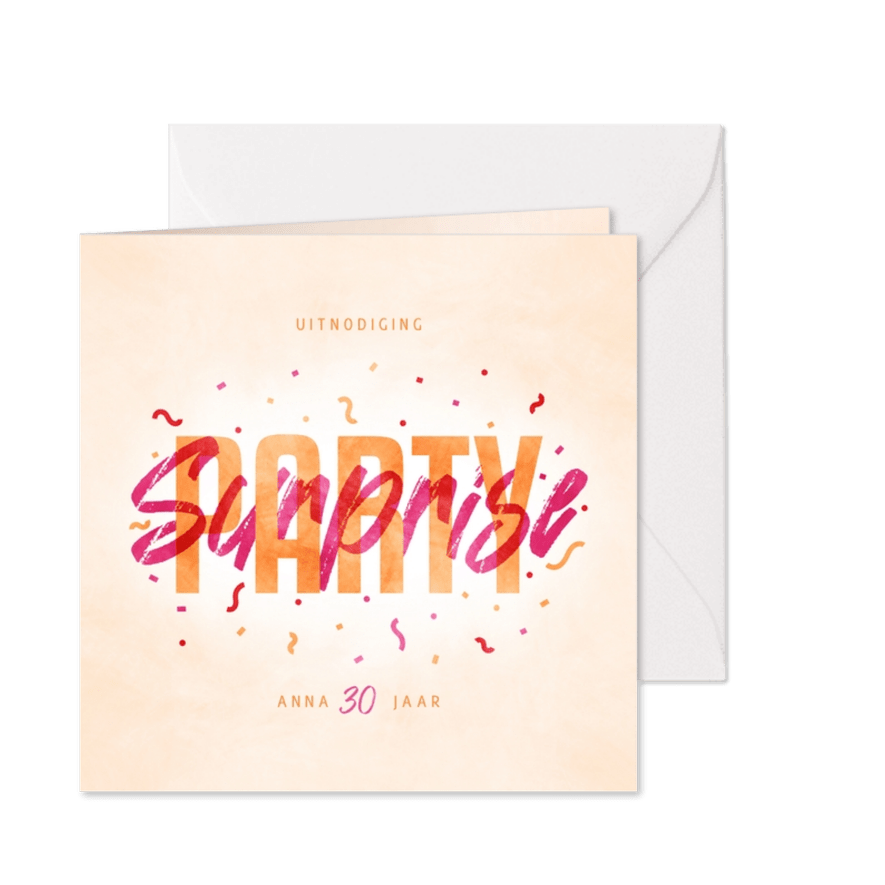 Uitnodiging surpriseparty hip met confetti - Kaartimpressie