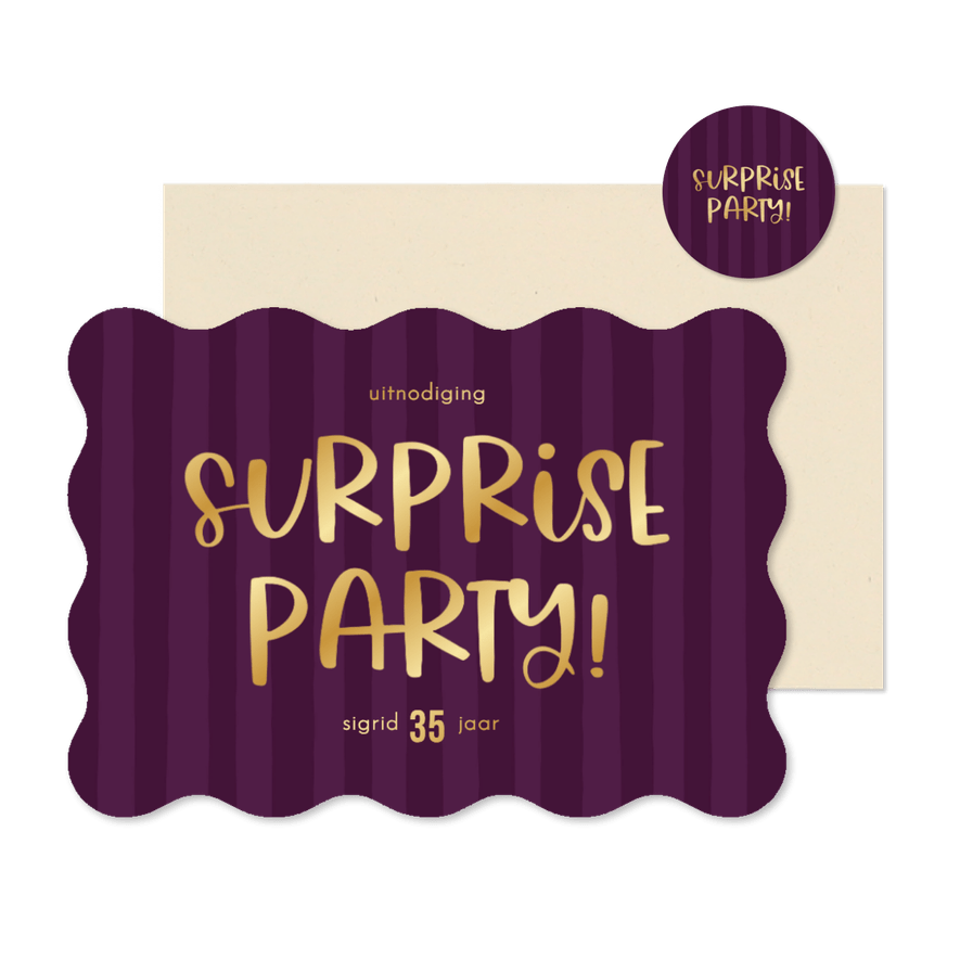 Uitnodiging surpriseparty paars gestreept golfvorm goudlook - Kaartimpressie