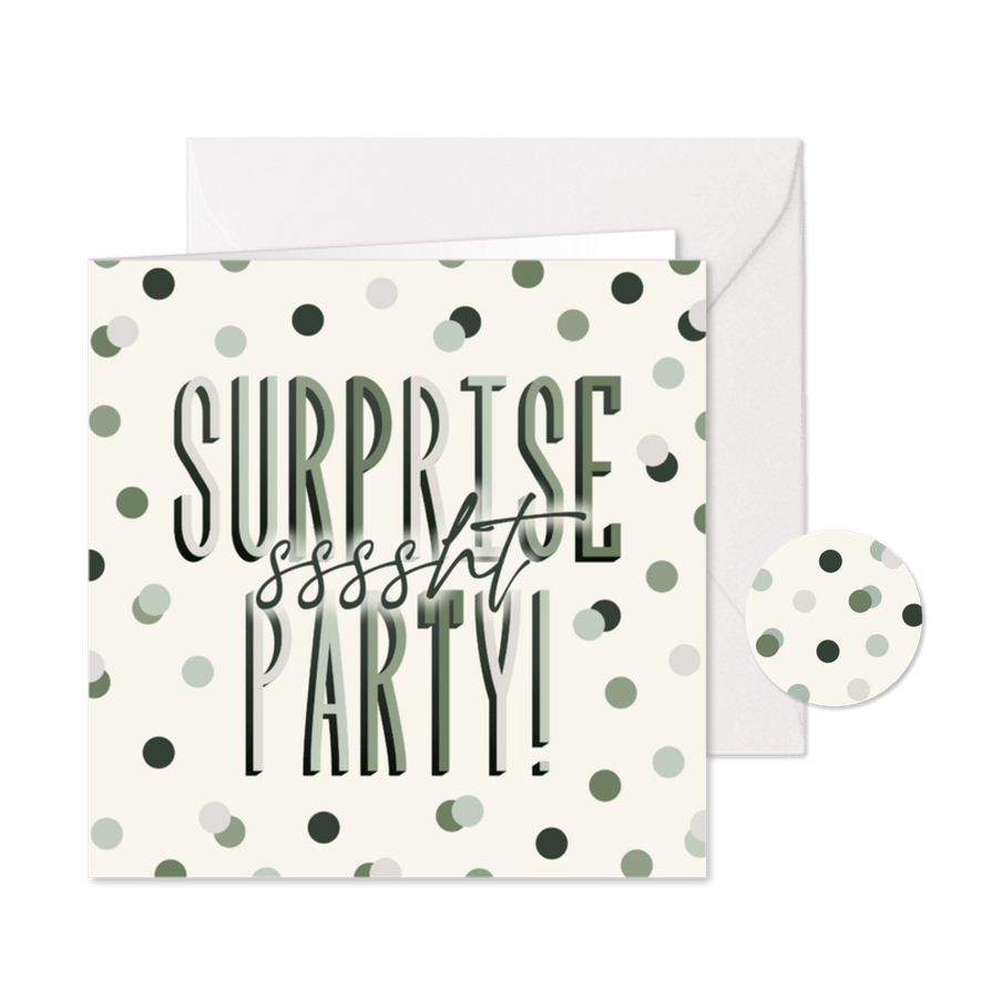 Uitnodiging surpriseparty sssht groene confetti - Kaartimpressie