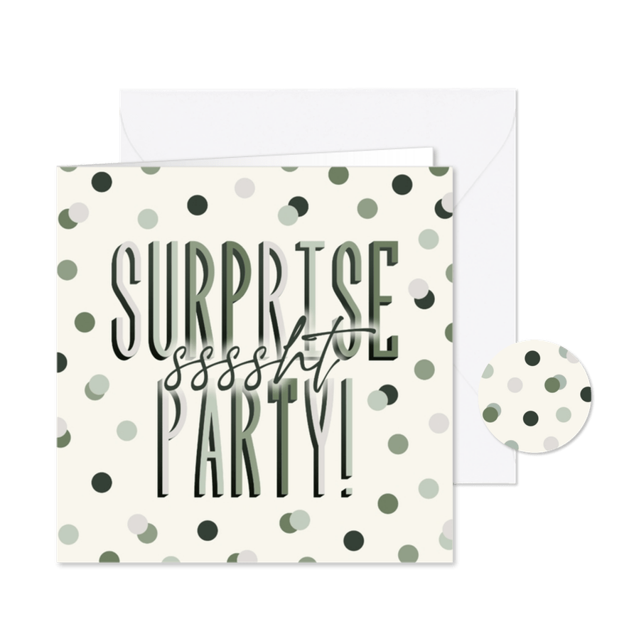 Uitnodiging surpriseparty sssht groene confetti - Kaartimpressie