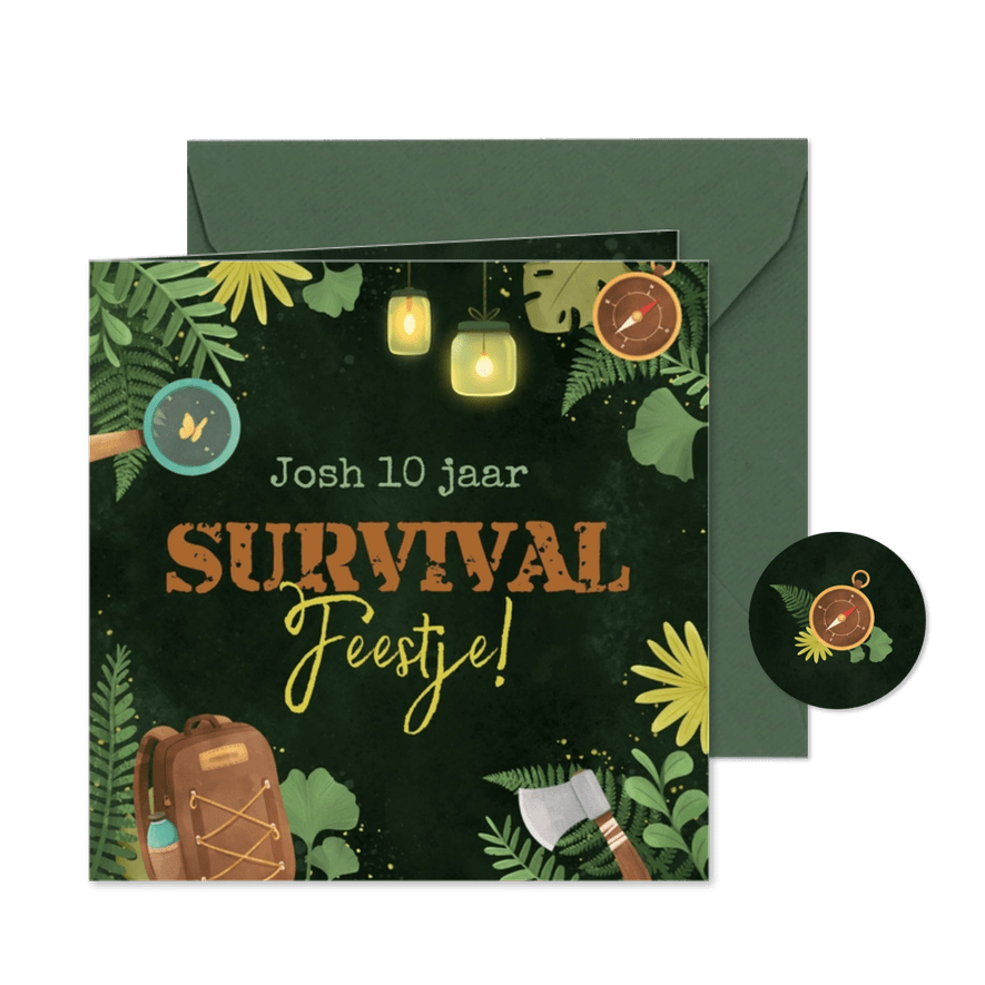 Uitnodiging survival feestje stoer expeditie scouting - Kaartimpressie