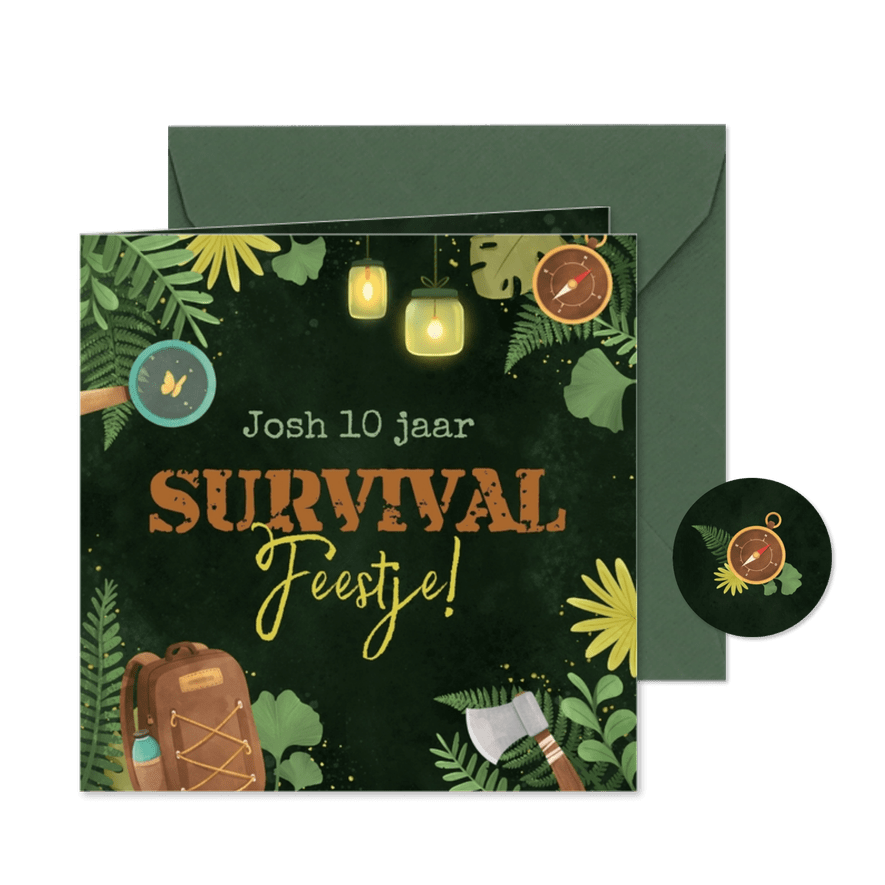 Uitnodiging survival feestje stoer expeditie scouting - Kaartimpressie