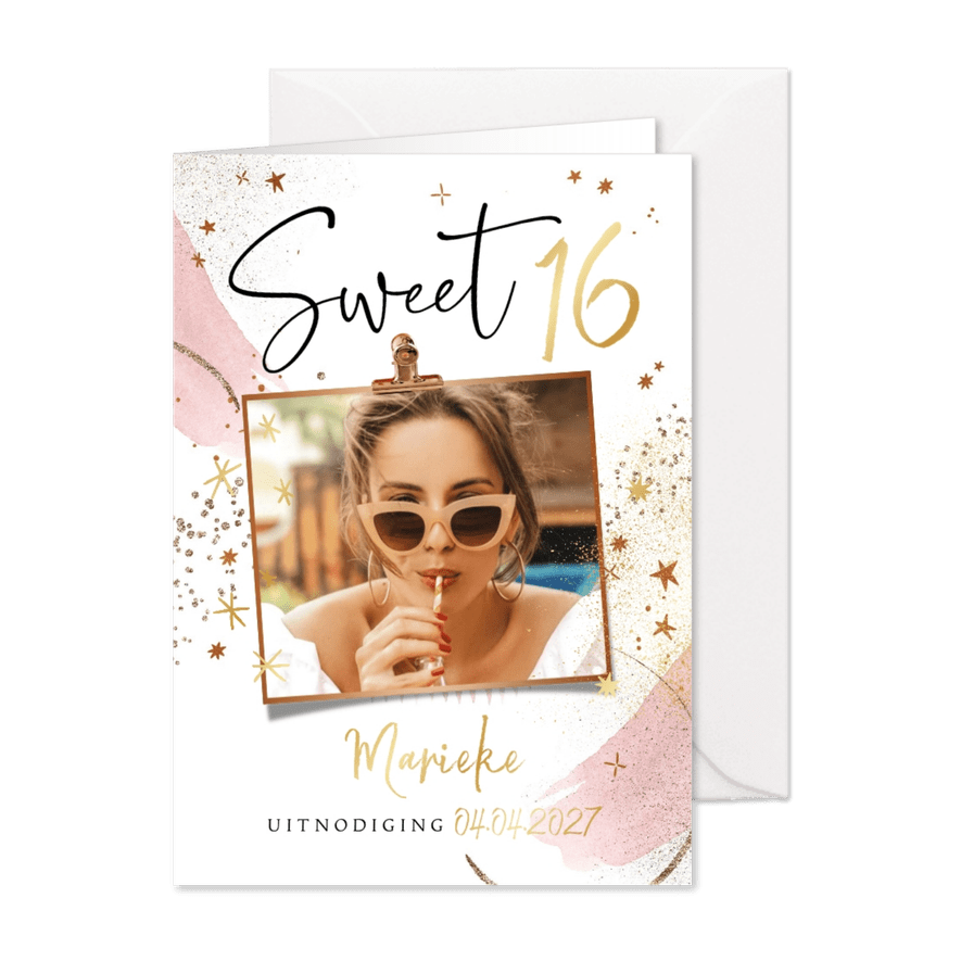 Uitnodiging Sweet 16 sterren goud watercolour - Kaartimpressie