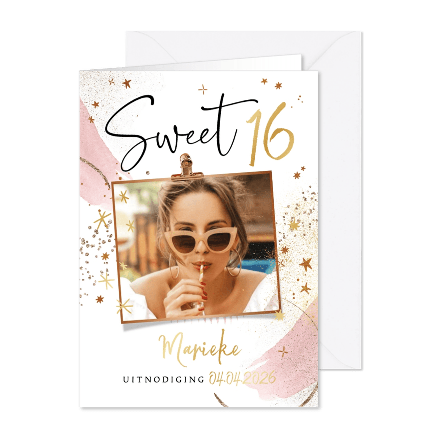 Uitnodiging Sweet 16 sterren goud watercolour - Kaartimpressie
