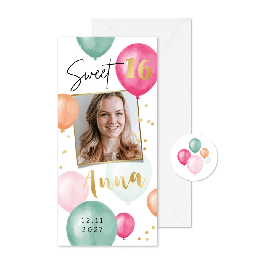 Uitnodiging Sweet 16 verjaardag watercolour ballonnen foto - Kaartimpressie